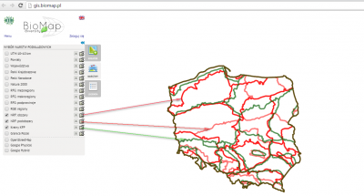 Czerwona linia - podział zaproponowany przez Tykarski, 2011 tzw NRF, <br />Zielona linia - podział KFP