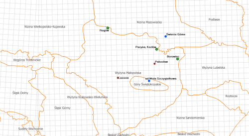 kółka niebieskie - poza Wyżyną Małopolską <br /><br />kółka zielone - dane literaturowe z Wyżyny Małopolskiej<br /><br />kółka czerwone - nowe dane